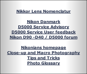 Nikkor Lens Nomenclatur

Nikon Danmark
D5000 Service Advisory
D5000 Service User feedback
Nikon D90 -D40 / D5000 forum

Nikonians homepage
Close-up and Macro Photography
Tips and Tricks
Photo Glossary